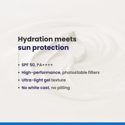 Product description with text about hydration, sun protection, SPF 50, PA++++, high-performance filters, ultra-light gel texture, and no white cast or pilling.