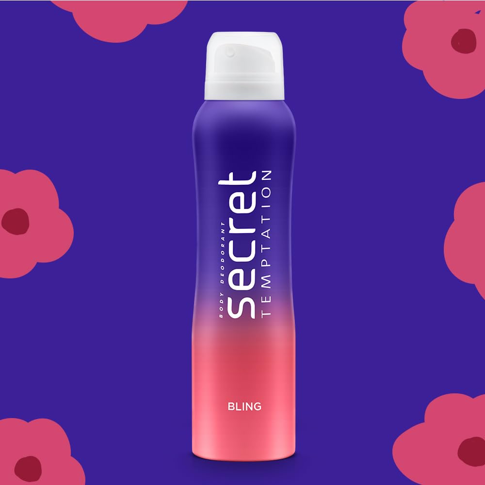 Secret Temptation body spray bottle with a gradient design on a purple background with floral patterns.