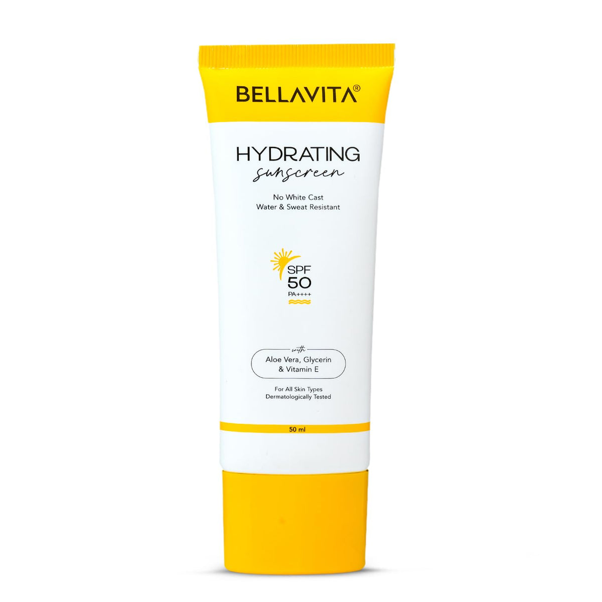 Bellavita hydrating sunscreen tube on a white background