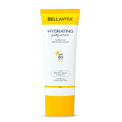 Bellavita hydrating sunscreen tube on a white background