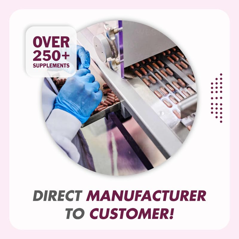 Person wearing blue gloves working with a machine on a pink background with text about supplements and direct manufacturing.