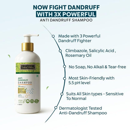 Anti-dandruff shampoo bottle with product features on a white background