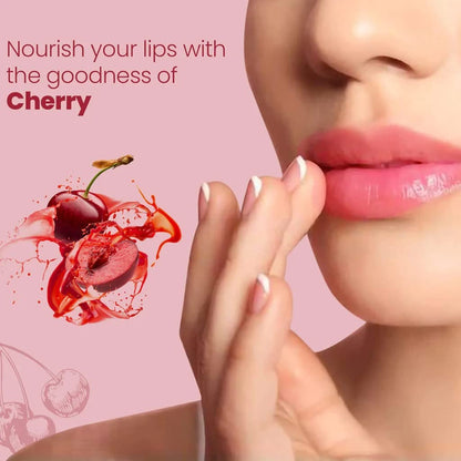 Lip care product advertisement with cherry illustration and close-up of lips.