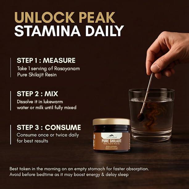 Rasayanan Pure Shilajit Resin packaging with usage instructions on a dark background