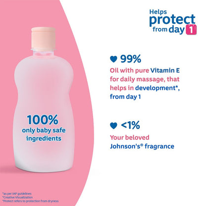 Johnson's Baby Oil with Vitamin E, Non-Sticky for easy spread and massage, 200ml