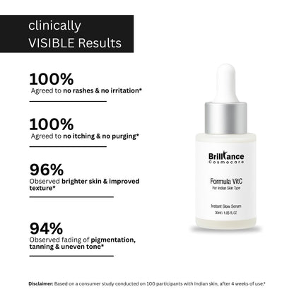 Brilliance Premium Formula VitC Serum | Dermatologist Tested | Vitamin C (AA2G) + Hyaluronic Acid 2% + Niacinamide 5% | For Bright, Glowing & Radiant Skin, Spot Reduction, UV Protection | 30ml