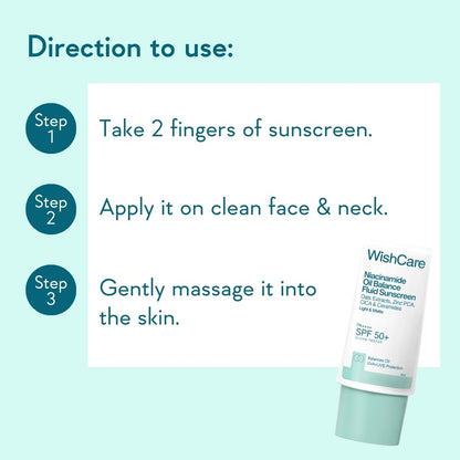 WishCare Niacinamide Oil Balance Fluid Sunscreen SPF 50 PA++++ In-Vivo Tested | 8Hrs+ SPF Protection | Lightweight, Matte & No White Cast | Sunscreen SPF 50 For Oily Skin, Sensitive, Dry & Combination Skin | For Women & Men | 30ml