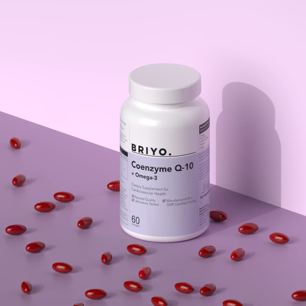 Briyo Coenzyme Q-10 supplement bottle with red capsules on a purple background