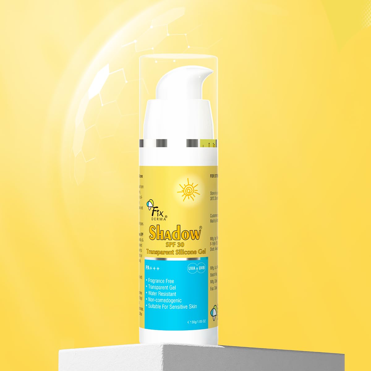 Fixderma Shadow Sunscreen SPF 30 PA+++ Transparent Silicone Gel | For Acne prone and Sensitive Skin | Light Weight, Oil-Free & Water Resistant | Non-Comedogenic Sunscreen | for Women & Men - 30gm