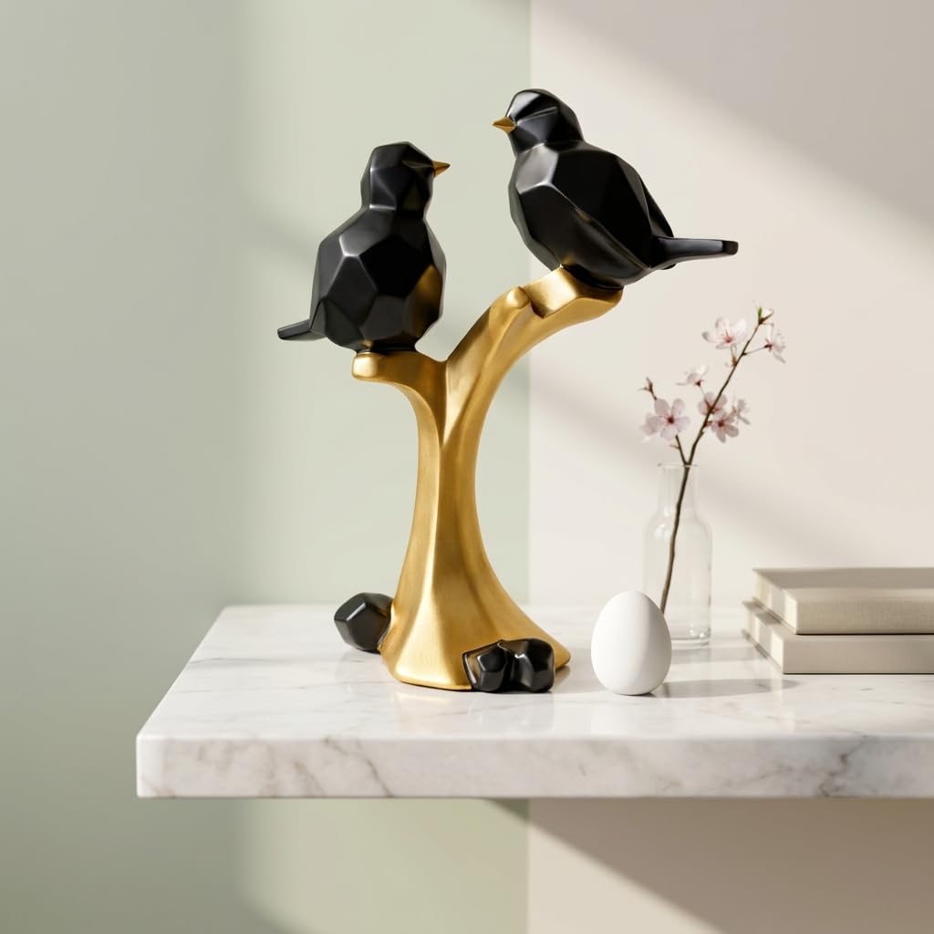 Striking Geometric Bird Pair Sculpture for Home & Office Décor | Modern Black & Gold Perched Birds Showpiece for Living Room, Shelf & Table Styling (22 cm)