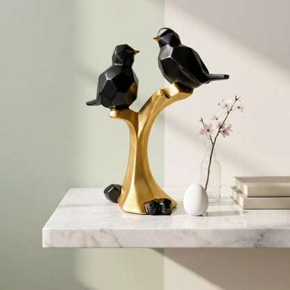 Striking Geometric Bird Pair Sculpture for Home & Office Décor | Modern Black & Gold Perched Birds Showpiece for Living Room, Shelf & Table Styling (22 cm)