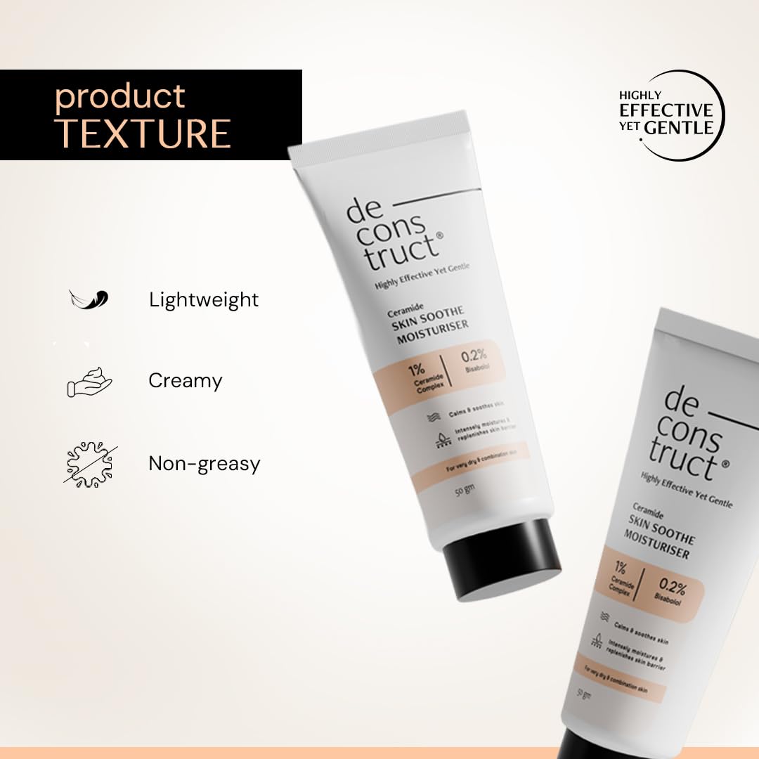 Two tubes of de construct skin moisturizer with product texture description on a light background