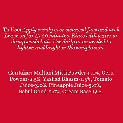 Red background with white text containing usage instructions and ingredient list.