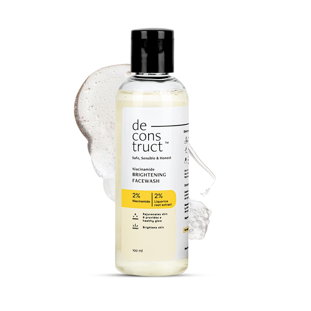 Bottle of de construct Niacinamide Brightening Face Wash with a white label on a white background