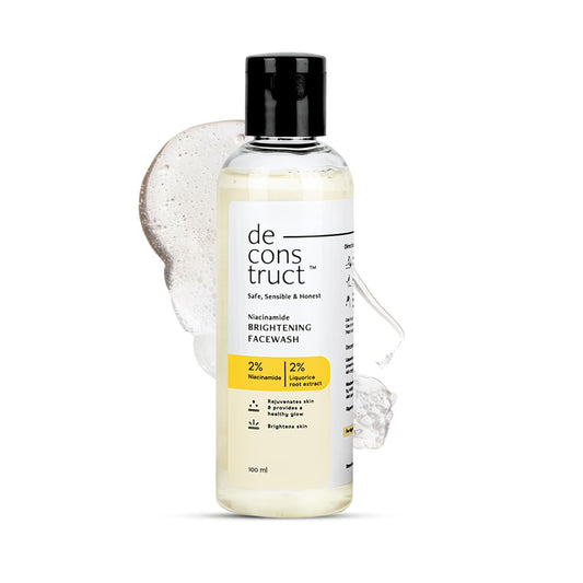 Bottle of de construct Niacinamide Brightening Face Wash with a white label on a white background