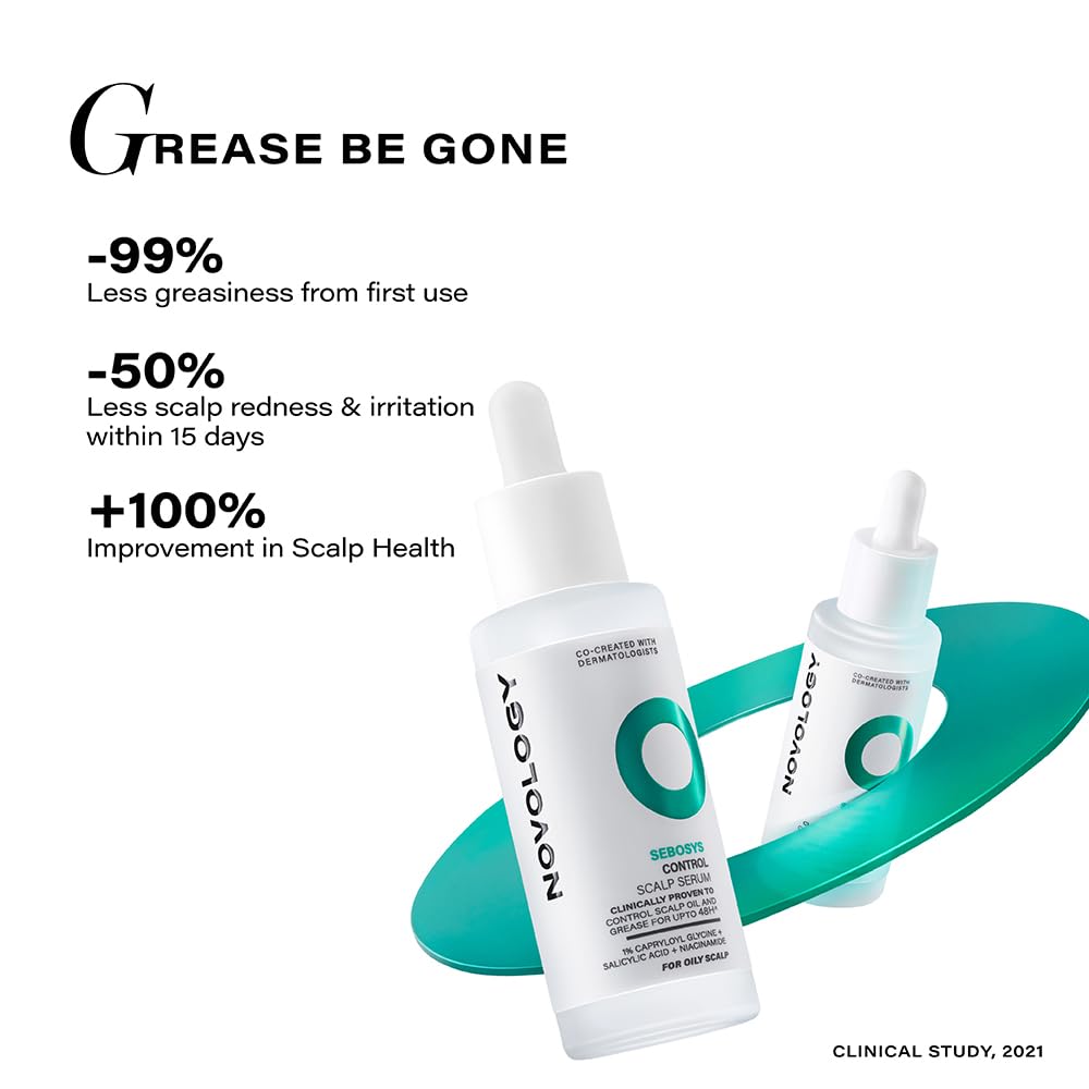Two Novology scalp care droppers with text highlighting benefits on a white background