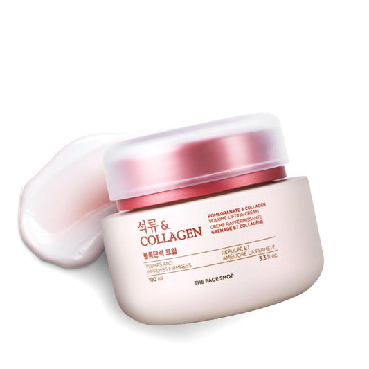 Collagen cream jar with pink lid on a white background