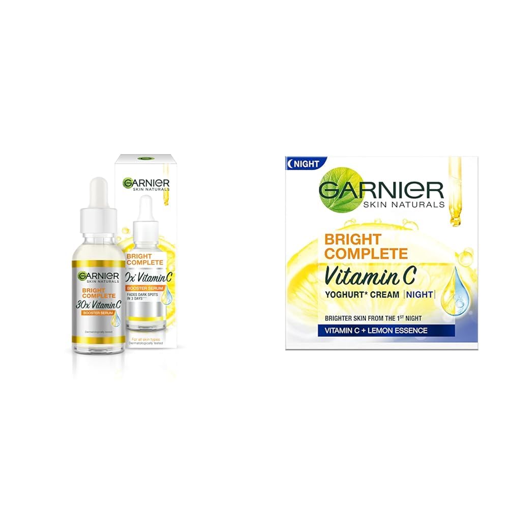 Garnier Skin Naturals, Face Serum, Bright Complete Vitamin C Booster, 30 ml &Garnier Skin Naturals, Night Cream, Anti-Dark Spots & Brightening, Bright Complete Vitamin C Yoghurt, 40 g