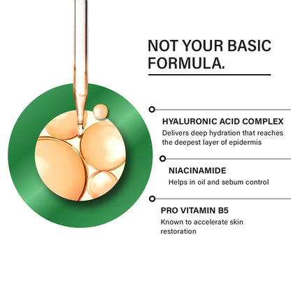 Skincare product with hyaluronic acid, niacinamide, and pro vitamin B5, featuring a green circle and dropper.