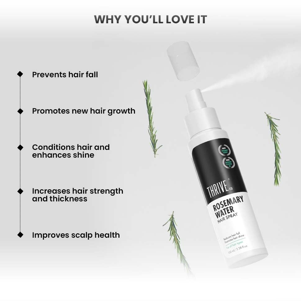 Thrive Rosemary Water hair spray with text highlighting its benefits on a light gray background