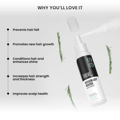 Thrive Rosemary Water hair spray with text highlighting its benefits on a light gray background