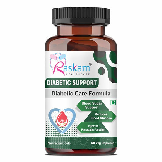Bottle of Raskam Diabetic Support Formula on a white background