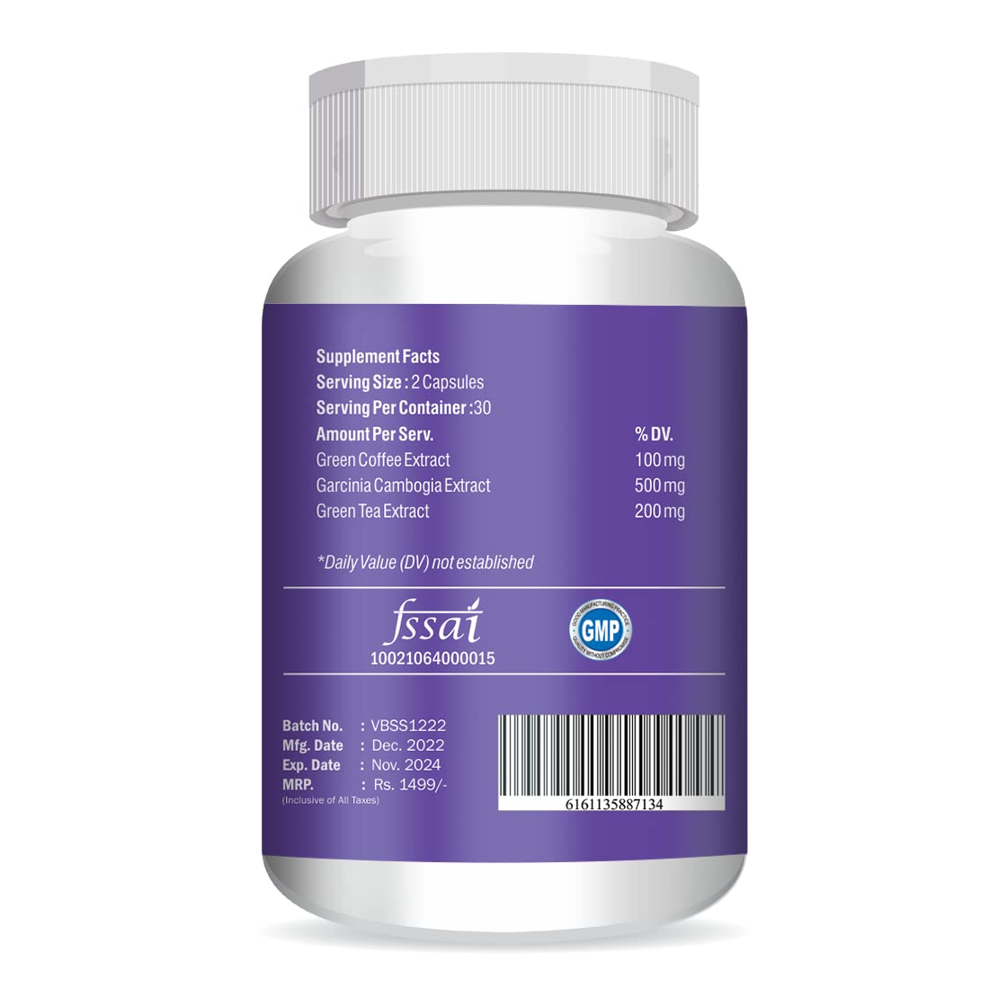 Supplement bottle with purple label on a white background