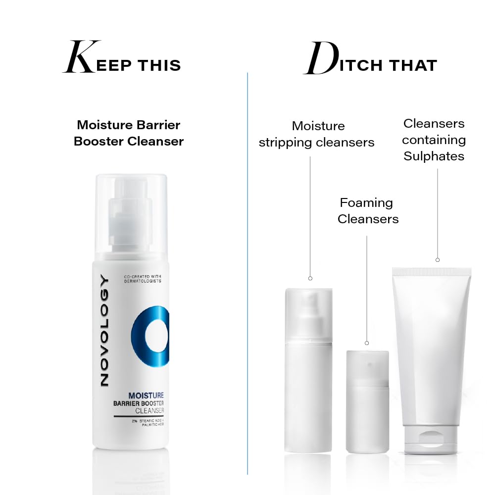 Skincare product with text indicating to keep 'Moisture Barrier Booster Cleanser' and ditch 'Moisture stripping cleansers' and 'Foaming Cleansers containing Sulphates'.