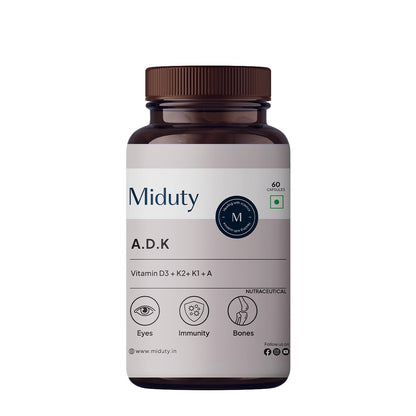 Zephivo Miduty by Palak Notes Vitamin ADK, Vitamin D3 and K2 Supplements, Cholecalciferol Vitamin D3, Boost Immunity, Stronger Bones, Vitamin ADK Supplement, Immunity Booster Capsule - 60 Capsules