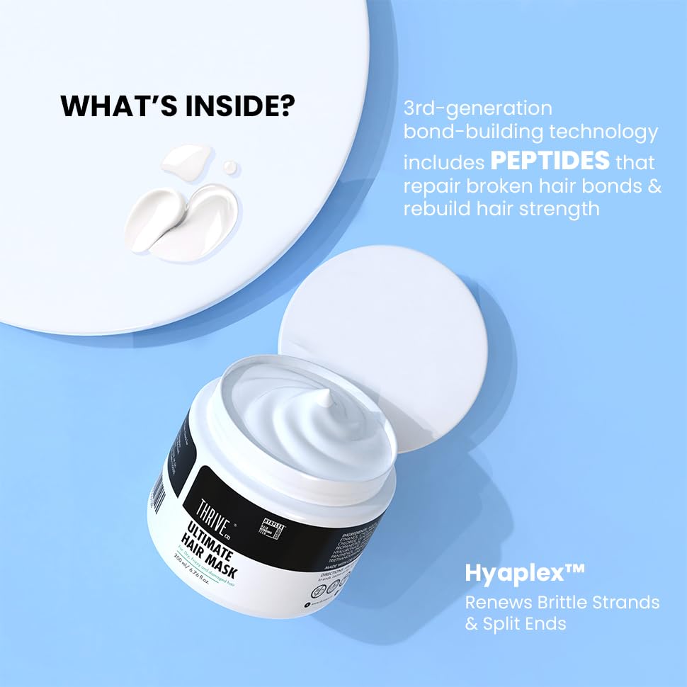 Open jar of hair mask with text about its ingredients on a blue background