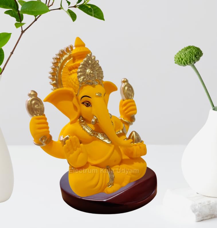 Handcrafted Poly Resin Ganesha Statue with Base - Perfect for Car Dashboard, Office Desk, Shelves, and Home Decor - Ideal Housewarming Gift! (4HANDMANGOTERRACOTTAMDF)