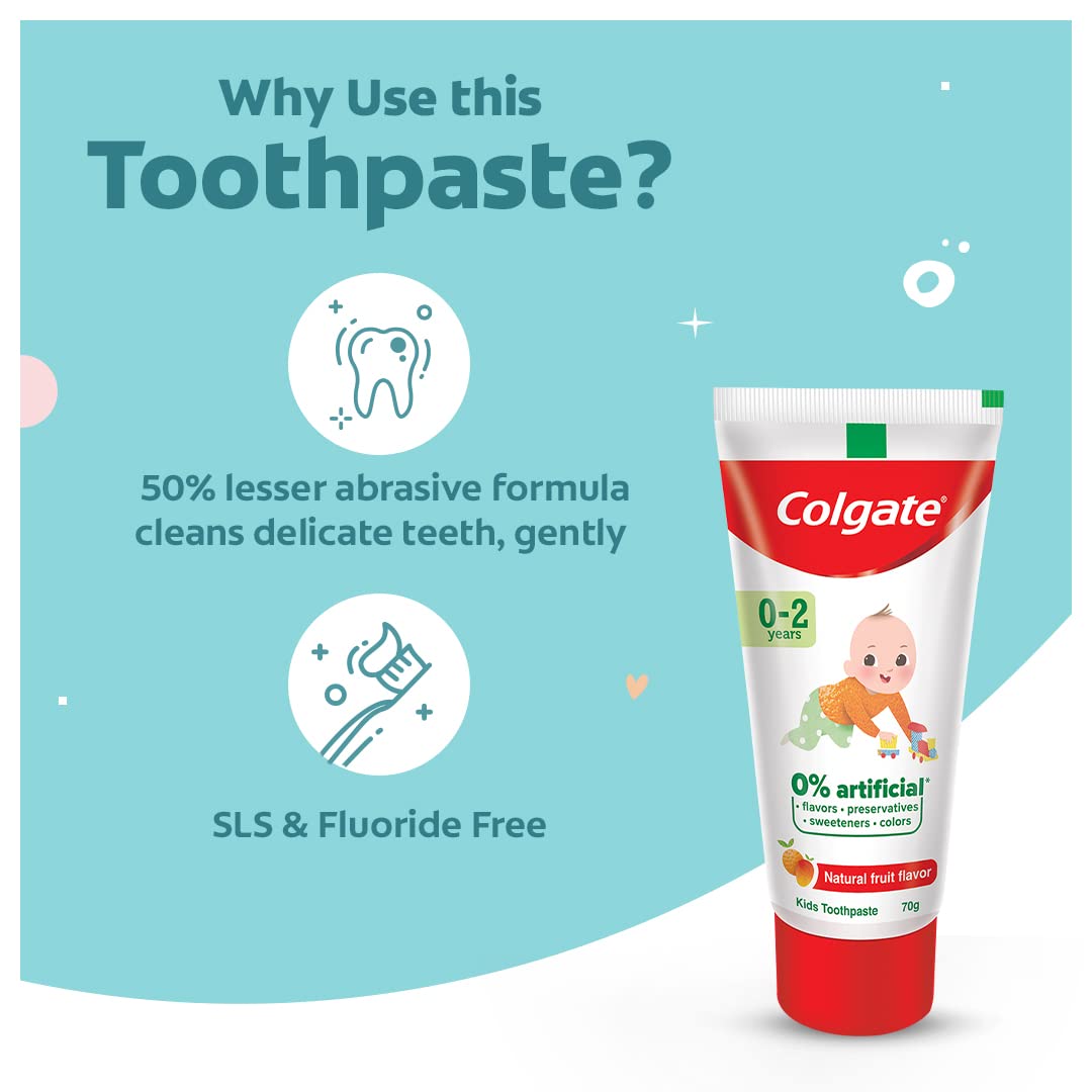 Colgate Toothpaste For Kids Cavity Protection (0-2 Years), Natural Fruit Flavour Tooth Paste, Sls & Fluoride Free - 70G Tube (Pack of 2)