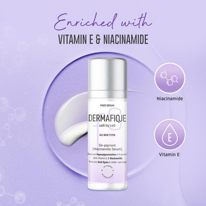 Dermafique De-Pigment Serum 30ml | Niacinamide, Hyaluronic Acid | Reduces Pigmentation in 4 weeks | Reduces Dark Spots, Inflammation, Under eye bags, Sun exposure effects | Dermat Tested on Indian Skin