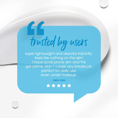 Product with a blue speech bubble containing user review text on a white background