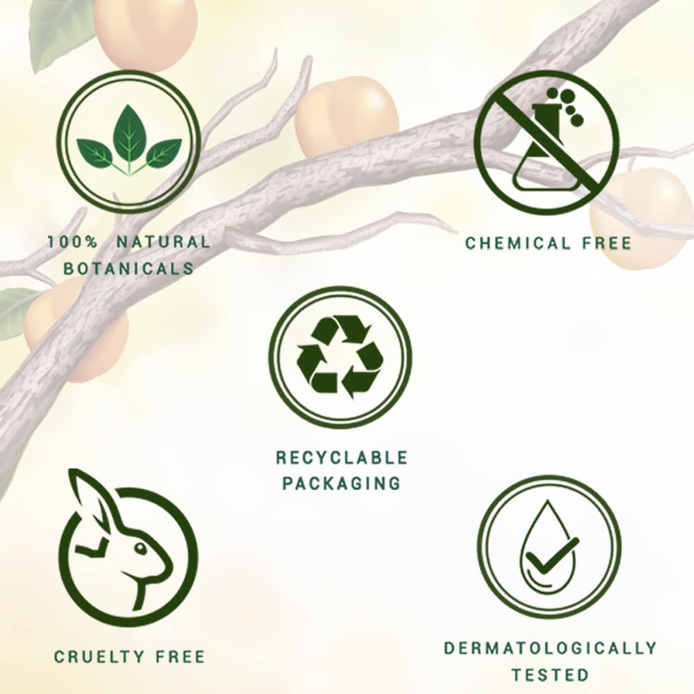 Set of green icons representing natural botanicals, chemical free, recyclable packaging, cruelty free, and dermatologically tested on a light background with branches and leaves.