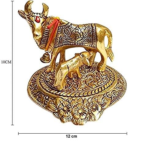 Oxidized Metal Religious kamdhenu Cow with Calf Handmade Handicraft Idol for Home Decor Gift Item