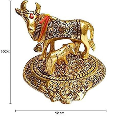 Oxidized Metal Religious kamdhenu Cow with Calf Handmade Handicraft Idol for Home Decor Gift Item