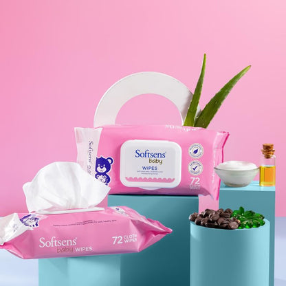Softsens Baby Gentle Cloth Wipes for Baby Skin Enriched with Aloe Vera & Vitamin E I Dermatologically Tested & Parben Free with Lid - 72 wipes