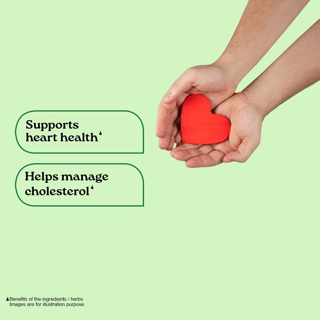 Hand holding a red heart-shaped object against a light green background with text about heart health and cholesterol management.