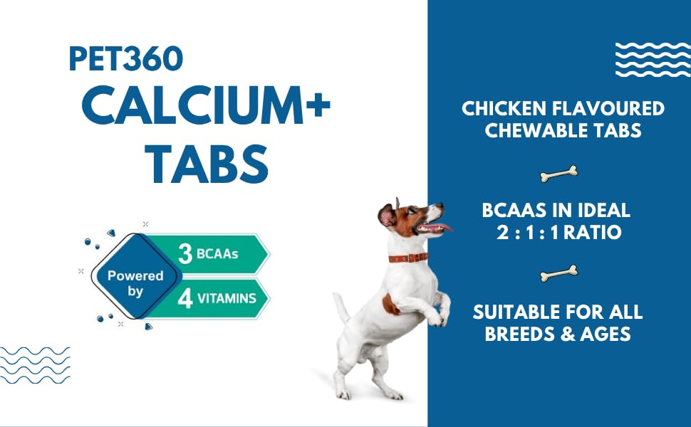 PET360 Calcium+ TABS Advanced Mobility Formula for Dogs & Cats | Bone Growth, Muscle Strength & Nerve Support with Calcium, Amino Acids & Vitamins | Chicken Flavor | Chewing Tablets - 120 Tablets