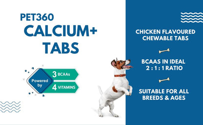 PET360 Calcium+ TABS Advanced Mobility Formula for Dogs & Cats | Bone Growth, Muscle Strength & Nerve Support with Calcium, Amino Acids & Vitamins | Chicken Flavor | Chewing Tablets - 120 Tablets