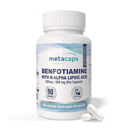MetaCaps Benfotiamine 300mg + R-Alpha Lipoic Acid 200mg – 90 Veg Capsules | Maximum Strength Nerve Support Formula | Superior Fat-Soluble B1 & Bio-Active R-ALA | Supports Healthy Blood Sugar & Nerve Function | Vegan & Non-GMO