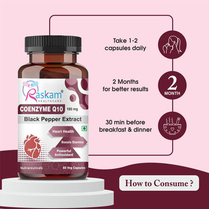 Raskam Coenzyme Q10 supplement bottle with usage instructions on a pink background