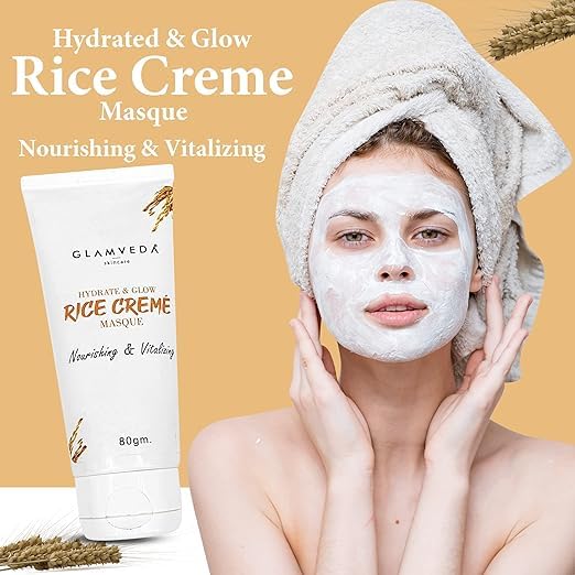 Glamveda Rice Creme Masque & Glow Cream Mask | Face Mask for Glowing Skin & Dull, Dry, Sensitive Skin | New-Age Ubtan Face Pack for All Skin Types | Men & Women | No Paraben, SLS | 80gm Pack of 1