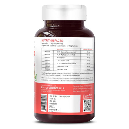 Bliss Welness Veg Omega 3 5 6 7 9 Supplement | Plant Based Algal (DHA), Flaxseed Oil (ALA), Pomegranate Seed, Sea Buckthorn, Borage (GLA), Rosemary Extract, Sunflower Extract & No Fish Oil 60 Vegan Softgel Capsules