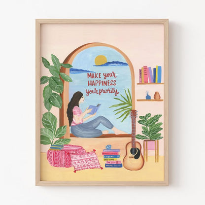 Make Your Happiness Your Priority Wall Painting| Modern Art Painting For Living Room Bed Room And Office | 11 X 14 Inches (Natural Frame)