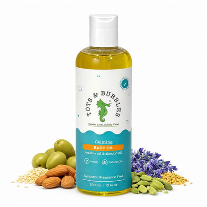 Tots & Bubbles 100% Natural Baby Massage Oil | Almond, Olive & Mustard Oil Blend for Skin & Hair | Lightweight, Non-Sticky & Gentle for Newborn – 300 ml