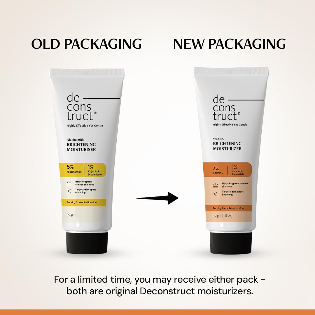 Comparison of old and new packaging for Deconstruct moisturizer on a white background.