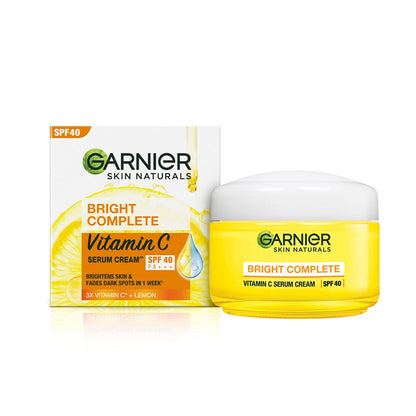 Garnier Bright Complete Vitamin C Serum Cream SPF 40 packaging on a white background