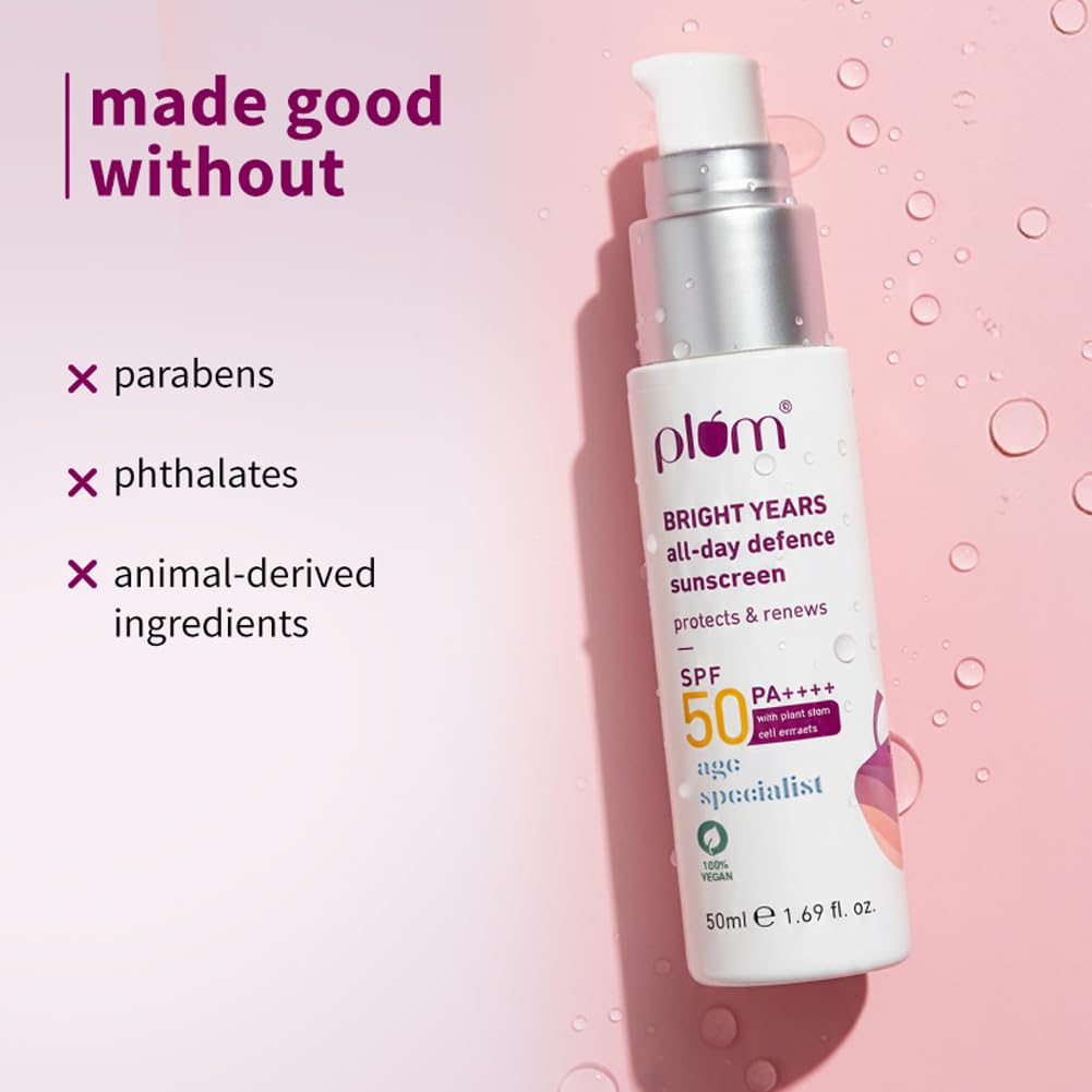 Plum Bright Years All Day Defence Cream SPF 50 PA+++| Sun Protection | For Ageing Skin | 100% Vegan, Cruelty Free | 50ml